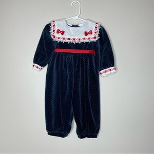Vintage Navy and Red Baby One Piece Velvet Holiday Outfit